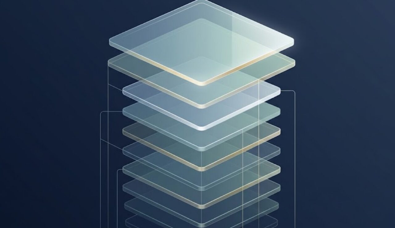 Abstract illustration of a Swiss capital increase — stacked layers of newly issued shares growing upward.