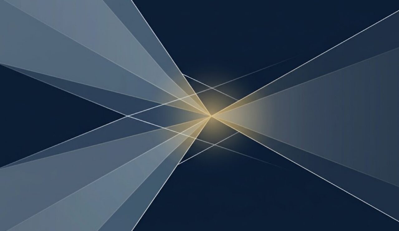 Abstract illustration of a Swiss investment agreement — three parties converging at a closing point.